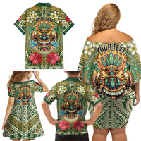 Hawaii Tiki Mask Personalized Family Matching Off Shoulder Short Dress and Hawaiian Shirt Mele Kalikimaka i Iulai!