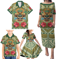 Hawaii Tiki Mask Personalized Family Matching Puletasi and Hawaiian Shirt Mele Kalikimaka i Iulai!