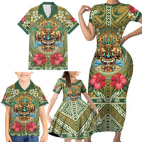 Hawaii Tiki Mask Personalized Family Matching Short Sleeve Bodycon Dress and Hawaiian Shirt Mele Kalikimaka i Iulai!