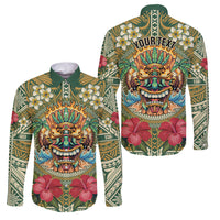 Hawaii Tiki Mask Personalized Family Matching Summer Maxi Dress and Hawaiian Shirt Mele Kalikimaka i Iulai! LT9 Dad's Shirt - Long Sleeve Green - Polynesian Pride