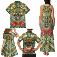 Hawaii Tiki Mask Personalized Family Matching Tank Maxi Dress and Hawaiian Shirt Mele Kalikimaka i Iulai! LT9 Mom's Dress Green - Polynesian Pride
