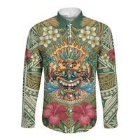 Hawaii Tiki Mask Personalized Long Sleeve Button Shirt Mele Kalikimaka i Iulai! LT9 Unisex Green - Polynesian Pride
