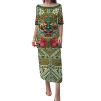 Hawaii Tiki Mask Personalized Puletasi Mele Kalikimaka i Iulai! LT9 Long Dress Green - Polynesian Pride