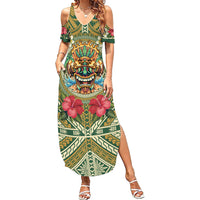 Hawaii Tiki Mask Personalized Summer Maxi Dress Mele Kalikimaka i Iulai! LT9 Women Green - Polynesian Pride