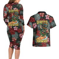 Hawaii Tiki Surfing Couples Matching Long Sleeve Bodycon Dress and Hawaiian Shirt Mele Kalikimaka i Iulai! LT9 - Polynesian Pride