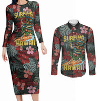 Hawaii Tiki Surfing Couples Matching Long Sleeve Bodycon Dress and Long Sleeve Button Shirt Mele Kalikimaka i Iulai! LT9 Black - Polynesian Pride