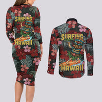Hawaii Tiki Surfing Couples Matching Long Sleeve Bodycon Dress and Long Sleeve Button Shirt Mele Kalikimaka i Iulai! LT9 - Polynesian Pride