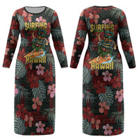 Hawaii Tiki Surfing Couples Matching Long Sleeve Bodycon Dress and Long Sleeve Button Shirt Mele Kalikimaka i Iulai! LT9 - Polynesian Pride