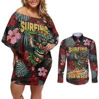 Hawaii Tiki Surfing Couples Matching Off Shoulder Short Dress and Long Sleeve Button Shirt Mele Kalikimaka i Iulai! LT9 Black - Polynesian Pride