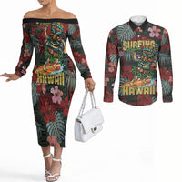 Hawaii Tiki Surfing Couples Matching Off The Shoulder Long Sleeve Dress and Long Sleeve Button Shirt Mele Kalikimaka i Iulai! LT9 Black - Polynesian Pride