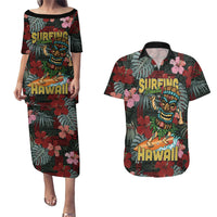 Hawaii Tiki Surfing Couples Matching Puletasi and Hawaiian Shirt Mele Kalikimaka i Iulai! LT9 Black - Polynesian Pride