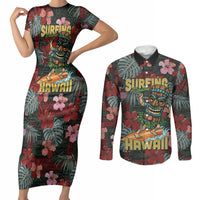 Hawaii Tiki Surfing Couples Matching Short Sleeve Bodycon Dress and Long Sleeve Button Shirt Mele Kalikimaka i Iulai! LT9 Black - Polynesian Pride