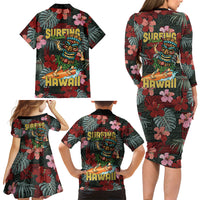 Hawaii Tiki Surfing Family Matching Long Sleeve Bodycon Dress and Hawaiian Shirt Mele Kalikimaka i Iulai!