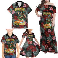 Hawaii Tiki Surfing Family Matching Off Shoulder Maxi Dress and Hawaiian Shirt Mele Kalikimaka i Iulai!