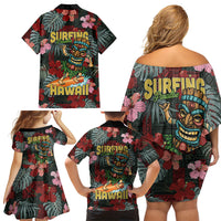 Hawaii Tiki Surfing Family Matching Off Shoulder Short Dress and Hawaiian Shirt Mele Kalikimaka i Iulai!