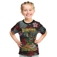 Hawaii Tiki Surfing Kid T Shirt Mele Kalikimaka i Iulai! LT9 Black - Polynesian Pride