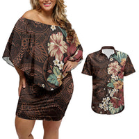 Kanoa Hawai'i Hibiscus Couples Matching Off Shoulder Short Dress and Hawaiian Shirt Polynesian Tribal Tattoo Pattern Floral Elements LT9 Brown - Polynesian Pride