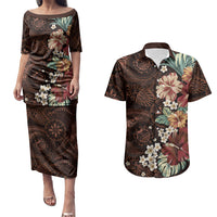 Kanoa Hawai'i Hibiscus Couples Matching Puletasi and Hawaiian Shirt Polynesian Tribal Tattoo Pattern Floral Elements LT9 Brown - Polynesian Pride