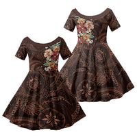 Kanoa Hawai'i Hibiscus Family Matching Summer Maxi Dress and Hawaiian Shirt Polynesian Tribal Tattoo Pattern Floral Elements LT9 Daughter's Dress Brown - Polynesian Pride