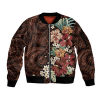 Kanoa Hawai'i Hibiscus Sleeve Zip Bomber Jacket Polynesian Tribal Tattoo Pattern Floral Elements LT9 Unisex Brown - Polynesian Pride