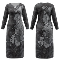Pauli Hawai'i Hibiscus Couples Matching Long Sleeve Bodycon Dress and Long Sleeve Button Shirt Polynesian Tribal Tattoo Pattern Floral Elements