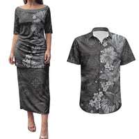 Pauli Hawai'i Hibiscus Couples Matching Puletasi and Hawaiian Shirt Polynesian Tribal Tattoo Pattern Floral Elements LT9 Soft Black - Polynesian Pride