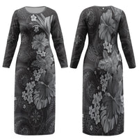 Pauli Hawai'i Hibiscus Family Matching Long Sleeve Bodycon Dress and Hawaiian Shirt Polynesian Tribal Tattoo Pattern Floral Elements LT9 Mom's Dress Soft Black - Polynesian Pride
