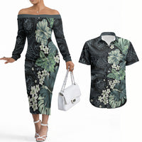 Pauliuli Hawai'i Hibiscus Couples Matching Off The Shoulder Long Sleeve Dress and Hawaiian Shirt Polynesian Tribal Tattoo Pattern Floral Elements LT9 Charcoal Blue - Polynesian Pride
