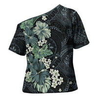 Pauliuli Hawai'i Hibiscus Cross Shoulder Shirt Polynesian Tribal Tattoo Pattern Floral Elements