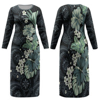 Pauliuli Hawai'i Hibiscus Family Matching Long Sleeve Bodycon Dress and Hawaiian Shirt Polynesian Tribal Tattoo Pattern Floral Elements LT9 Mom's Dress Charcoal Blue - Polynesian Pride