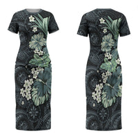 Pauliuli Hawai'i Hibiscus Family Matching Short Sleeve Bodycon Dress and Hawaiian Shirt Polynesian Tribal Tattoo Pattern Floral Elements LT9 Mom's Dress Charcoal Blue - Polynesian Pride