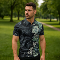 Pauliuli Hawai'i Hibiscus Zipper Polo Shirt Polynesian Tribal Tattoo Pattern Floral Elements