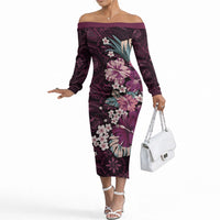 Poni Mama Hawai'i Hibiscus Off The Shoulder Long Sleeve Dress Polynesian Tribal Tattoo Pattern Floral Elements