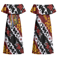 Personalised Papua New Guinea Bird Drum Family Matching Off Shoulder Maxi Dress and Hawaiian Shirt Papuan Batik Motif LT9 Mom's Dress Black - Polynesian Pride