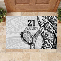 Custom Fiji Rugby Pacific Rubber Doormat Polynesian Palm Tattoo LT9 White - Polynesian Pride