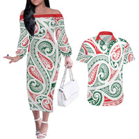 New Zealand Kowhaiwhai Christmas Couples Matching Off The Shoulder Long Sleeve Dress and Hawaiian Shirt Traditional Maori Koru Pattern - Polynesian Pride