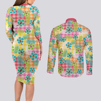Hawaiian Palaka Couples Matching Long Sleeve Bodycon Dress and Long Sleeve Button Shirt Hibiscus Palm Leaf Pattern - Polynesian Pride