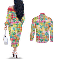 Hawaiian Palaka Couples Matching Off The Shoulder Long Sleeve Dress and Long Sleeve Button Shirt Hibiscus Palm Leaf Pattern - Polynesian Pride