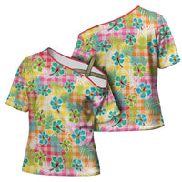 Hawaiian Palaka Cross Shoulder Shirt Hibiscus Palm Leaf Pattern - Polynesian Pride