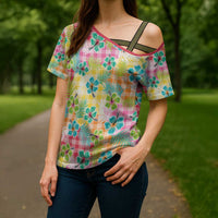 Hawaiian Palaka Cross Shoulder Shirt Hibiscus Palm Leaf Pattern - Polynesian Pride