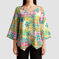 Hawaiian Palaka Kimono Sleeve Blouse Hibiscus Palm Leaf Pattern - Polynesian Pride