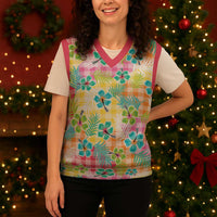 Hawaiian Palaka Christmas Knitted V-Neck Vest Hibiscus Palm Leaf Pattern - Polynesian Pride