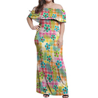 Hawaiian Palaka Off Shoulder Maxi Dress Hibiscus Palm Leaf Pattern - Polynesian Pride