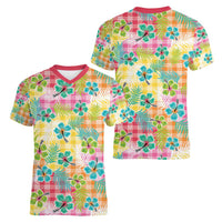 Hawaiian Palaka Women V-Neck T-Shirt Hibiscus Palm Leaf Pattern - Polynesian Pride