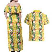 Hawaiian Palaka Couples Matching Off Shoulder Maxi Dress and Hawaiian Shirt Hibiscus Pineapple Lei - Polynesian Pride