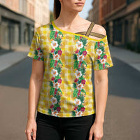 Hawaiian Palaka Cross Shoulder Shirt Hibiscus Pineapple Lei - Polynesian Pride