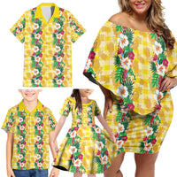Hawaiian Palaka Family Matching Off Shoulder Short Dress and Hawaiian Shirt Hibiscus Pineapple Lei - Polynesian Pride