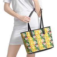Hawaiian Palaka Leather Tote Bag Hibiscus Pineapple Lei - Polynesian Pride