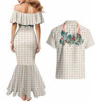 Brown Hawaiian Palaka Couples Matching Mermaid Dress and Hawaiian Shirt Kukui Nut Money Lei - Polynesian Pride