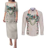 Brown Hawaiian Palaka Couples Matching Puletasi and Long Sleeve Button Shirt Kukui Nut Money Lei - Polynesian Pride